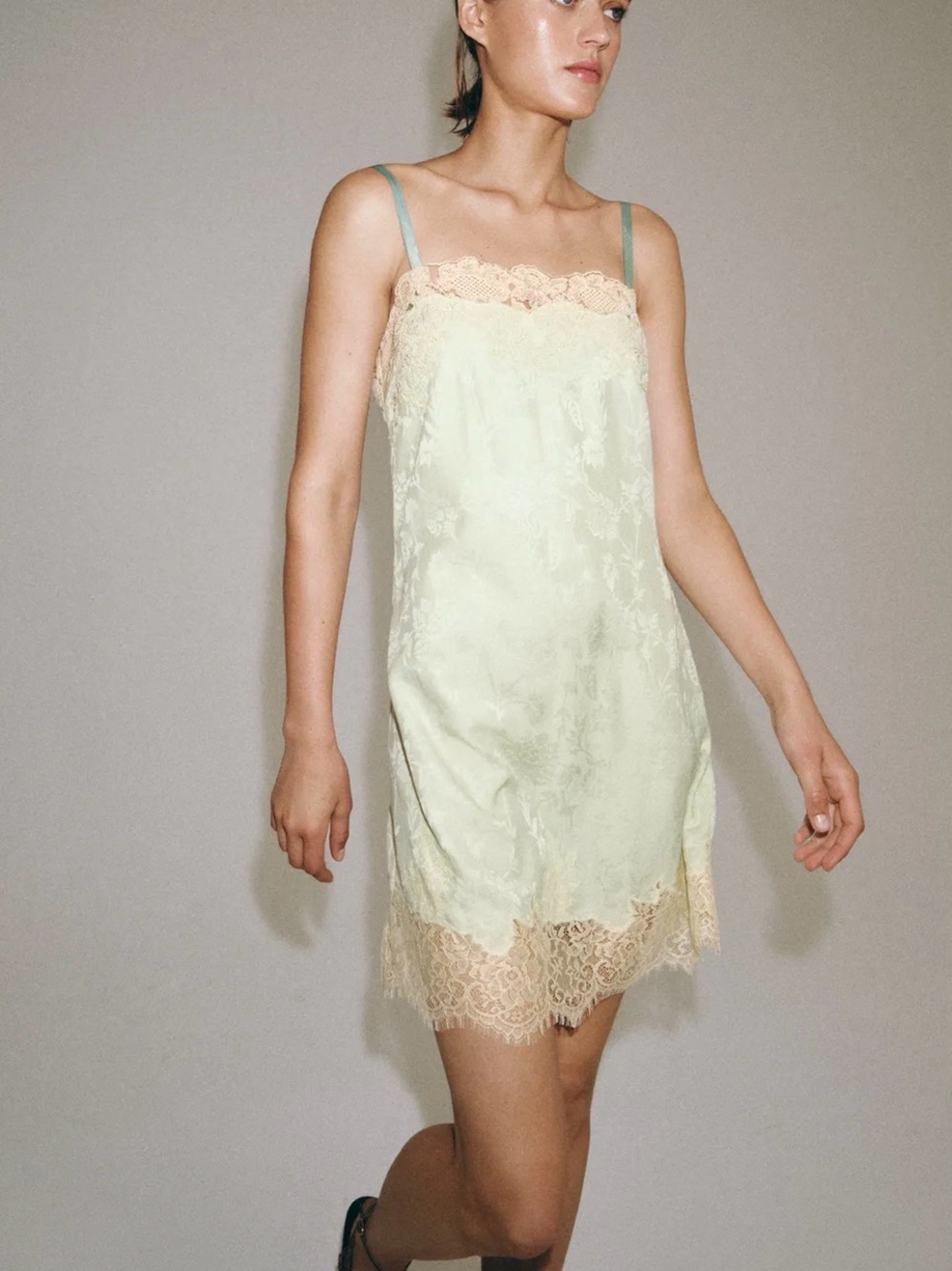 NWT Zara Mint washed Green Jaquard Lace-Trim Mini Dress Size Small  5107/094